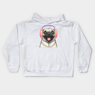 Pug with headphones Kids Hoodie